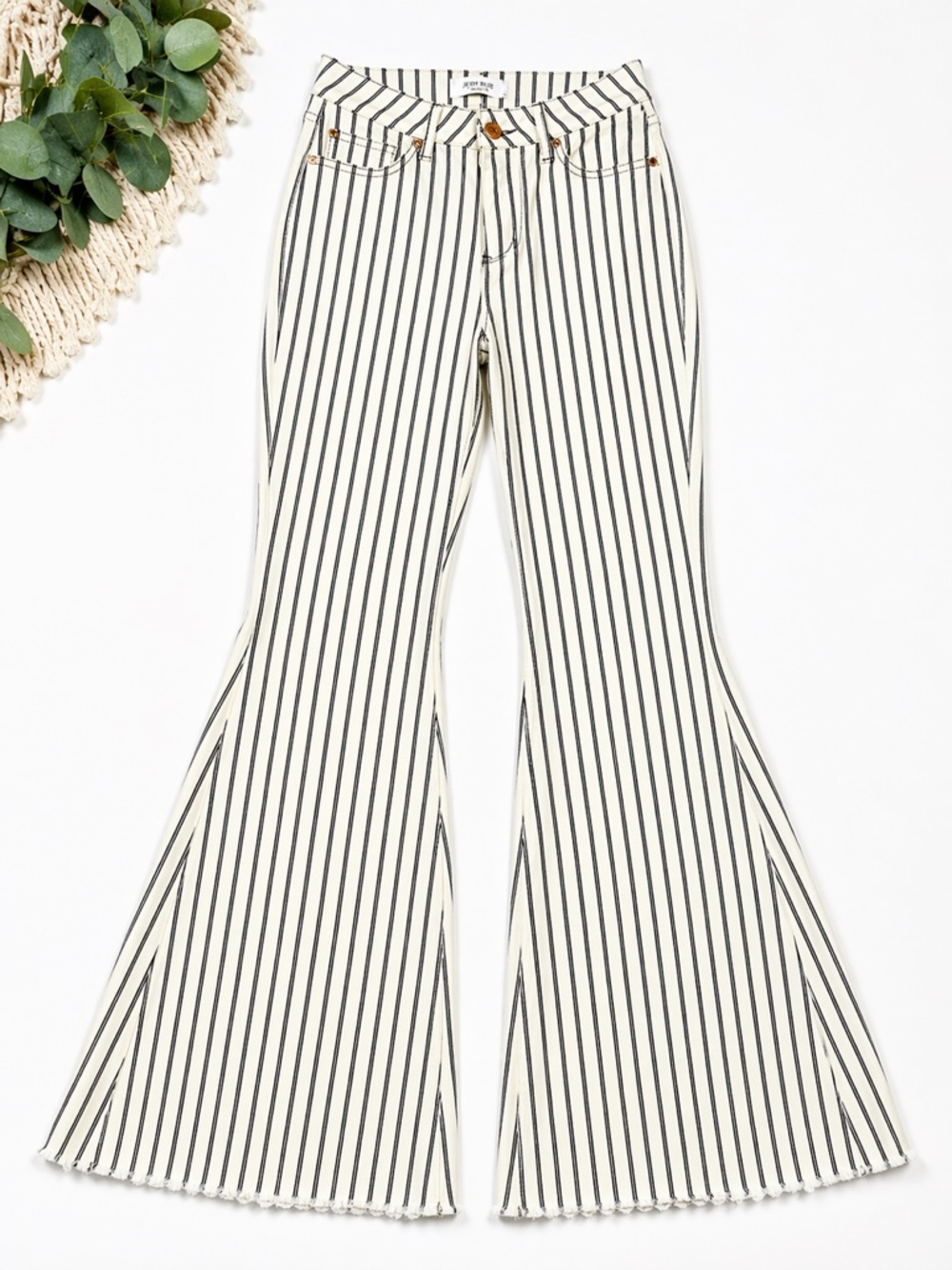 Judy Blue 9/29 High Rise Flare Jeans Navy Pinstripe Raw Hem